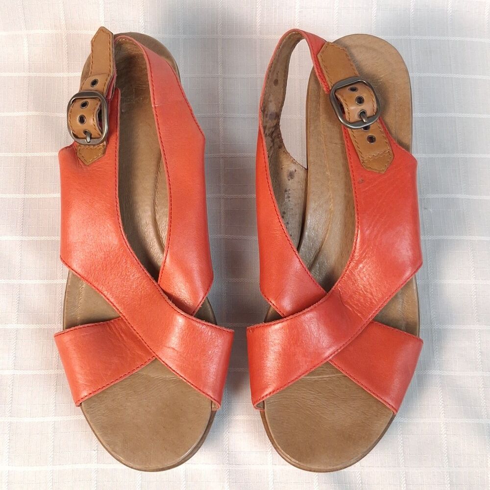 Dansko Jessie Coral Orange Leather Crossover Strap Wedge Sandals Size 42